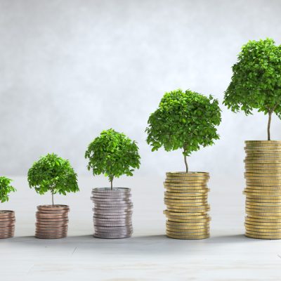 Stacks of coins arranged in a bar graph, Saving money concept. 3D illustration
